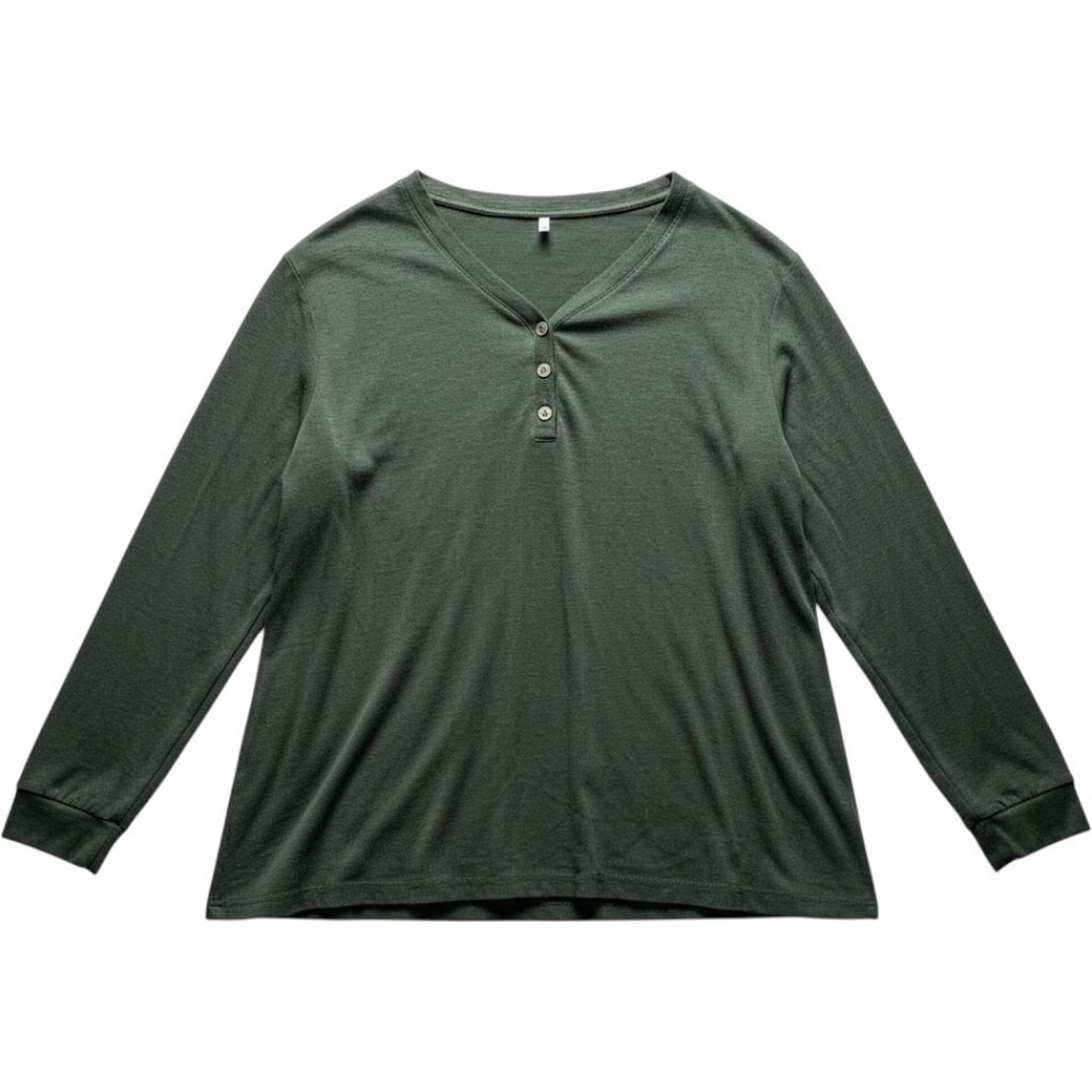 Bishuige Shirt Womens Plus 3XL Green Solid Henley Long Sleeve Jersey Top